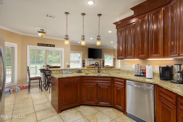 48 Harrell Rd, Hattiesburg, MS 39401 - kitchen featuring dishwasher, a sink, a peninsula, light tile patterned flooring, and ornamental molding