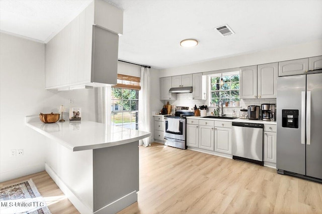 kitchen featuring light hardwood / wood-style flooring, kitchen peninsula, gray cabinetry, stainless steel appliances, and sink