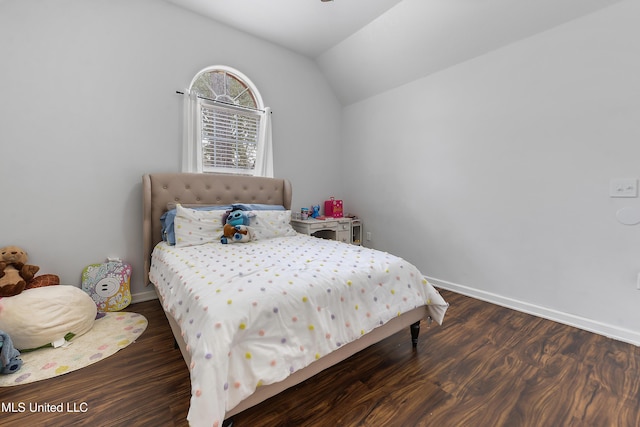 bedroom featuring dark hardwood / wood-style flooring and vaulted ceiling