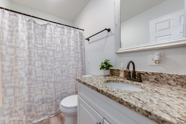 bathroom with vanity, a shower with shower curtain, and toilet