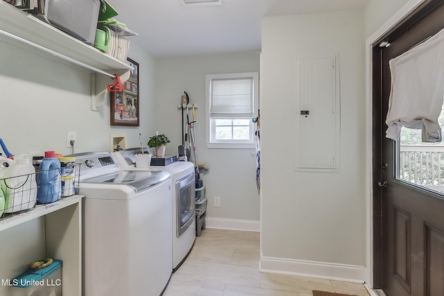 129 Marcie Dr, Long Beach, MS 39560 - laundry area featuring electric panel, washer and dryer, baseboards, and light tile patterned floors