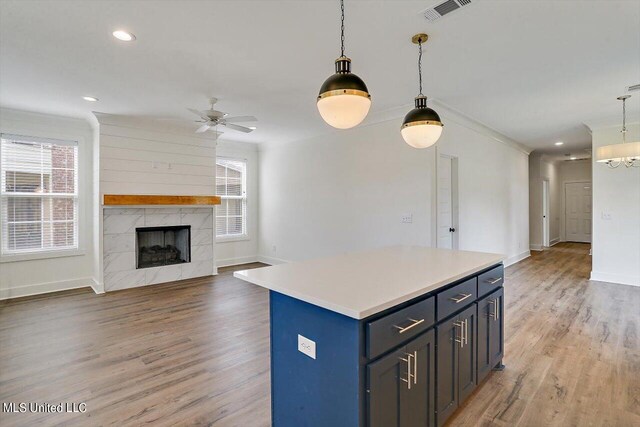 kitchen featuring hardwood / wood-style floors, a center island, pendant lighting, and plenty of natural light