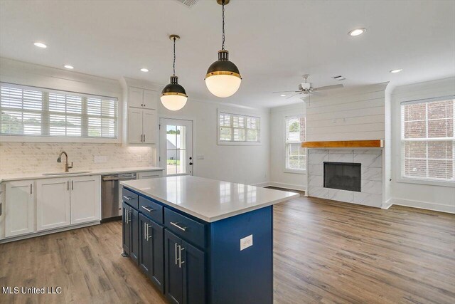 kitchen featuring white cabinets, stainless steel dishwasher, a fireplace, light hardwood / wood-style floors, and sink