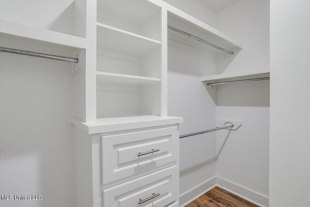 walk in closet with dark hardwood / wood-style flooring