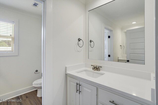 bathroom featuring vanity, wood-type flooring, and toilet