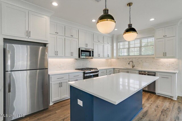 kitchen featuring sink, white cabinetry, stainless steel appliances, and wood-type flooring