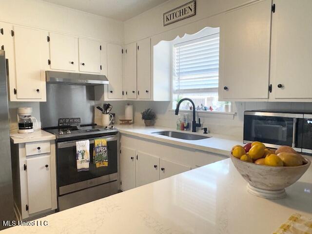 kitchen with stainless steel appliances, white cabinetry, and sink