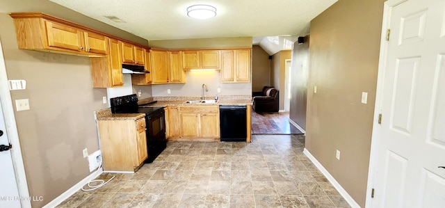 kitchen featuring baseboards, black appliances, under cabinet range hood, visible vents, and a sink