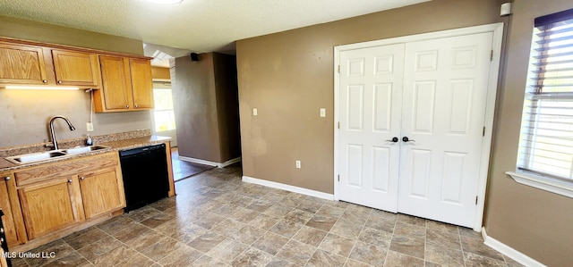 kitchen with stone finish floor, baseboards, a sink, and black dishwasher