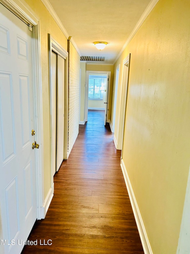 corridor featuring dark wood-type flooring and crown molding