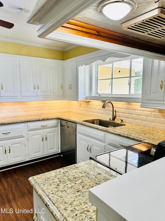 kitchen featuring ornamental molding, sink, stainless steel dishwasher, white cabinets, and tasteful backsplash