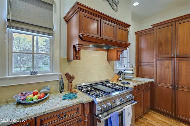 kitchen featuring light stone counters, stainless steel range, and decorative backsplash