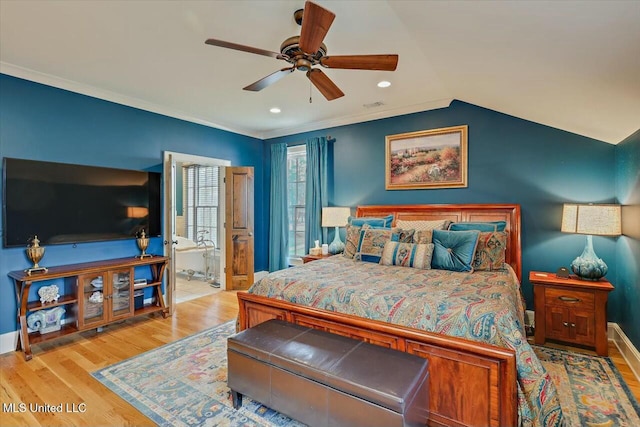 bedroom with light hardwood / wood-style flooring, ornamental molding, ceiling fan, and vaulted ceiling