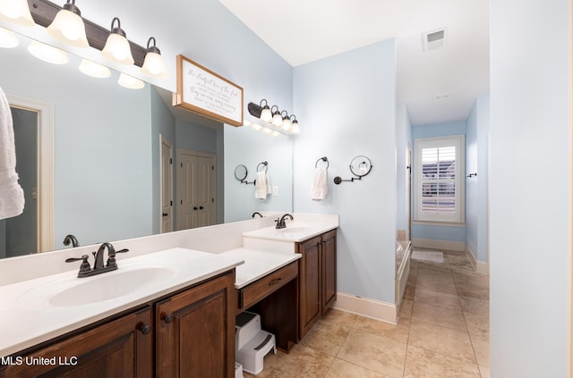 bathroom featuring tile patterned flooring, visible vents, a sink, and double vanity