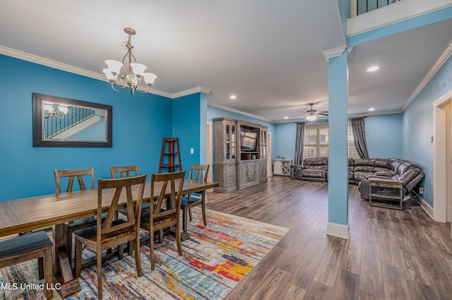 dining area featuring recessed lighting, baseboards, dark wood-style floors, ornamental molding, and ceiling fan with notable chandelier