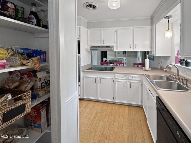 kitchen with white cabinetry, ornamental molding, dishwasher, pendant lighting, and sink