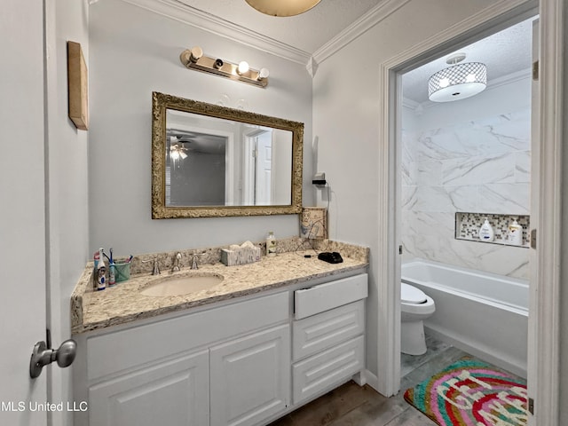 full bathroom featuring  shower combination, a textured ceiling, toilet, vanity, and crown molding