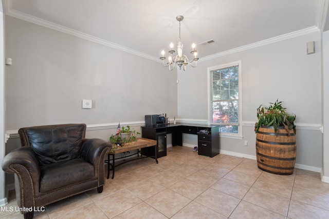 office space featuring ornamental molding, a chandelier, and light tile patterned floors