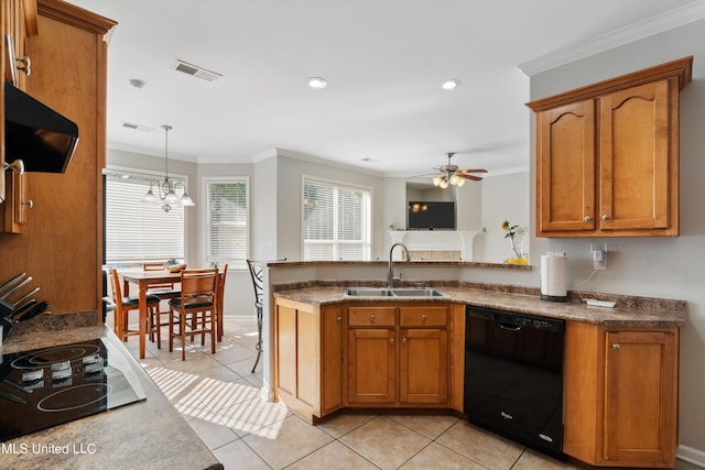 kitchen with exhaust hood, black appliances, sink, ceiling fan with notable chandelier, and decorative light fixtures