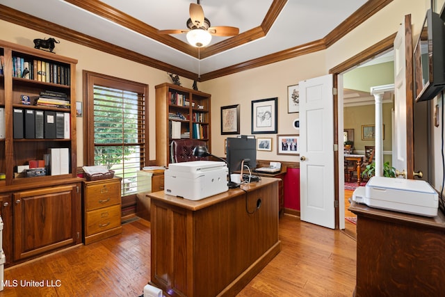 9194 Rosalie Cv, Olive Branch, MS 38654 - office featuring crown molding, ceiling fan, hardwood / wood-style flooring, a raised ceiling, and decorative columns