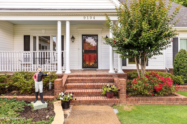 9194 Rosalie Cv, Olive Branch, MS 38654 - view of exterior entry with covered porch and a shingled roof