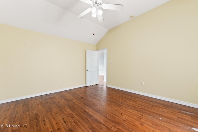 unfurnished room featuring hardwood / wood-style flooring, vaulted ceiling, and ceiling fan