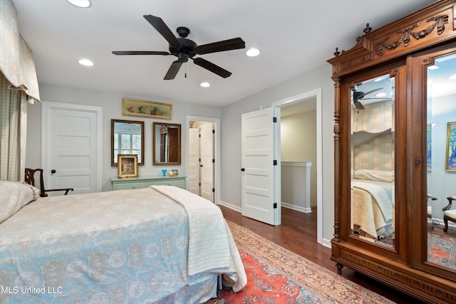 bedroom with dark wood-type flooring, baseboards, ceiling fan, and recessed lighting