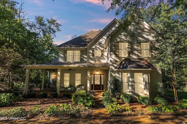 view of front facade featuring a porch and ceiling fan