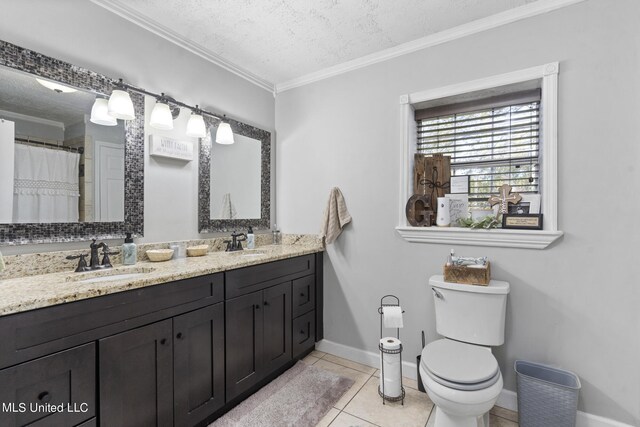 bathroom featuring a textured ceiling, toilet, tile patterned floors, vanity, and crown molding