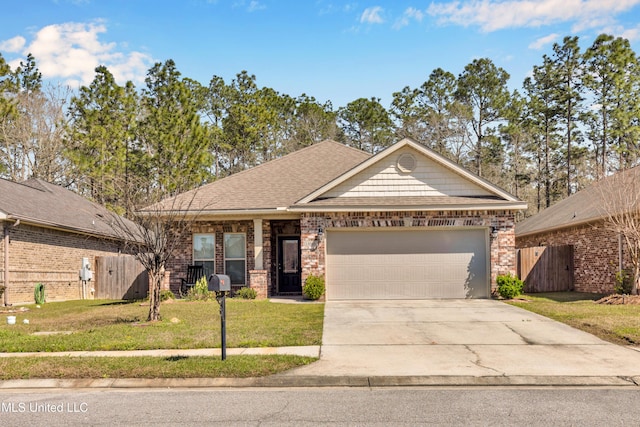 view of front of home featuring a front lawn, fence, concrete driveway, a garage, and brick siding