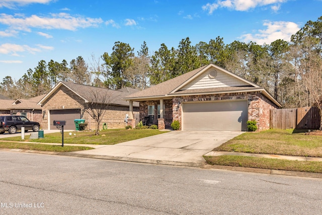 ranch-style house featuring fence, concrete driveway, an attached garage, a front yard, and brick siding