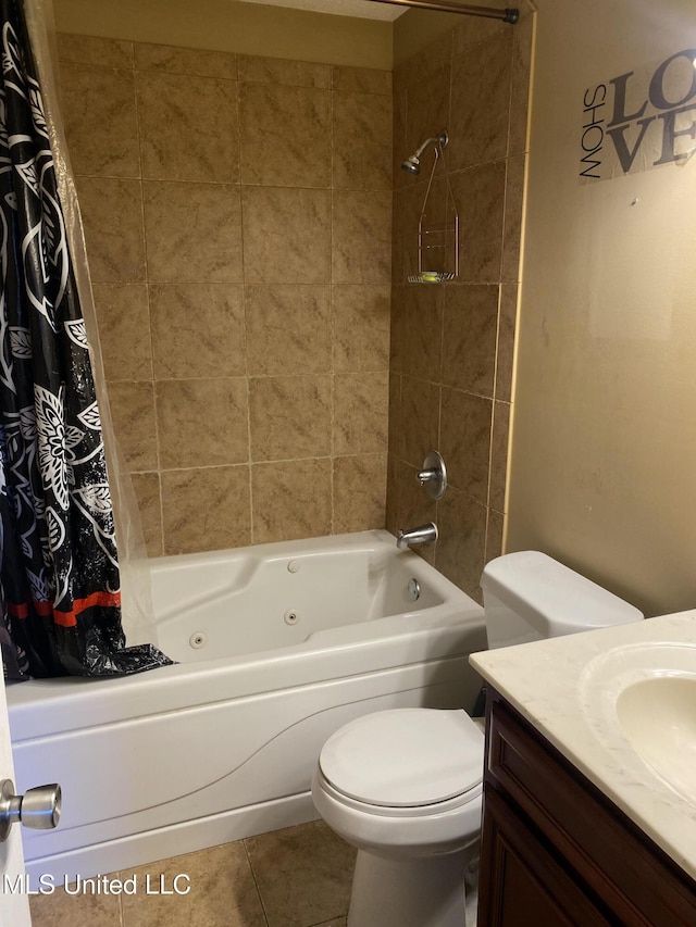 full bathroom featuring shower / bathtub combination with curtain, tile patterned flooring, vanity, and toilet