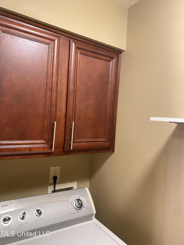 clothes washing area featuring cabinets and washer / dryer