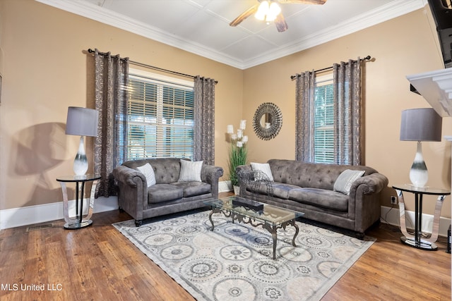 living room featuring ornamental molding, hardwood / wood-style flooring, and ceiling fan