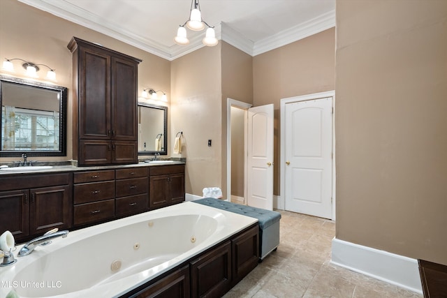 bathroom featuring vanity, crown molding, a bath, and tile patterned floors