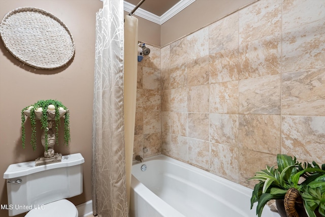 bathroom with shower / bath combination with curtain, toilet, and ornamental molding