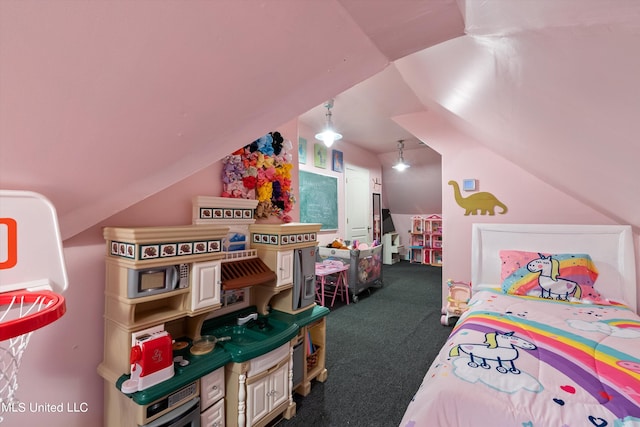 carpeted bedroom featuring lofted ceiling