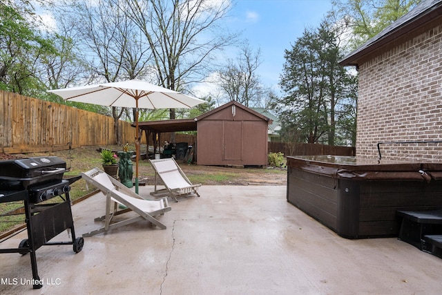 view of patio / terrace with a storage unit and a grill