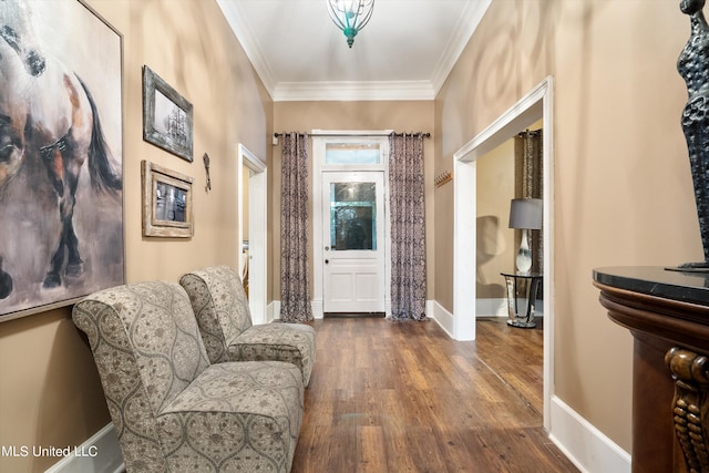 living area featuring ornamental molding and dark hardwood / wood-style flooring