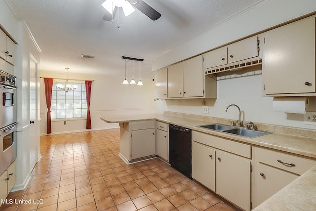 kitchen featuring sink, dishwasher, ceiling fan with notable chandelier, kitchen peninsula, and decorative light fixtures