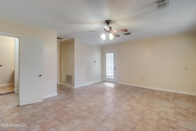 unfurnished room with ceiling fan, ornamental molding, and a textured ceiling