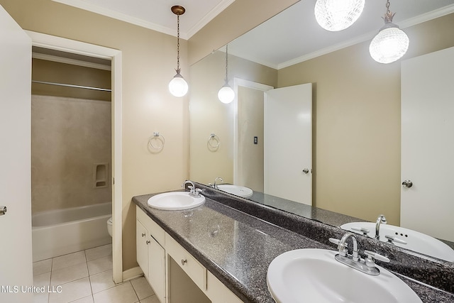 full bathroom with tile patterned floors, toilet, shower / tub combination, ornamental molding, and vanity