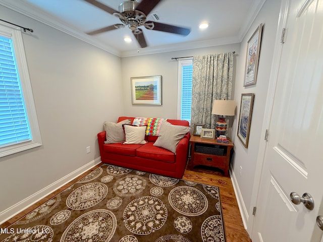 2997 Deerfield Rd, Yazoo City, MS 39194 - living room with wood finished floors, ceiling fan, baseboards, recessed lighting, and crown molding