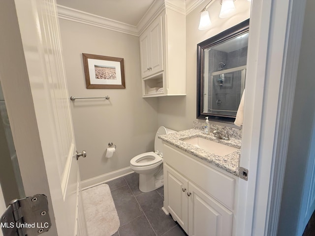 2997 Deerfield Rd, Yazoo City, MS 39194 - full bath with crown molding, vanity, tiled shower, toilet, and tile patterned floors