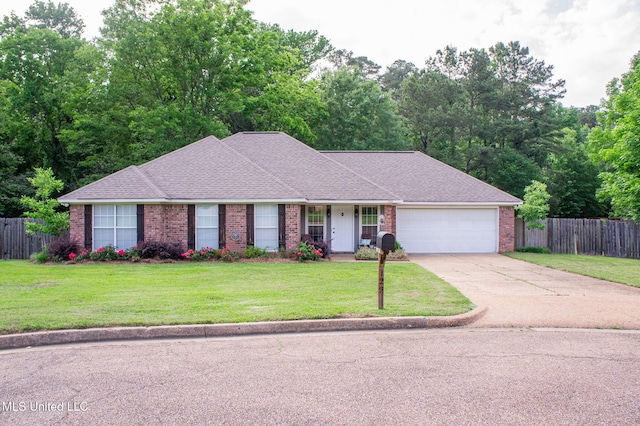 single story home featuring brick siding, concrete driveway, and an attached garage
