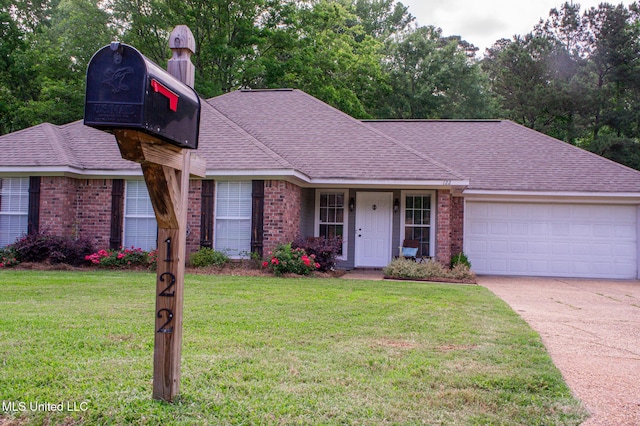view of front facade with brick siding, a garage, driveway, a front lawn, and a shingled roof