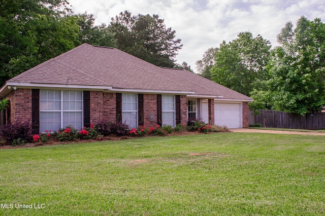 single story home featuring brick siding, driveway, an attached garage, and a shingled roof