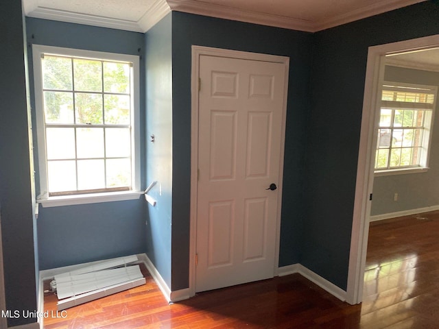 entryway with ornamental molding, hardwood / wood-style floors, and a wealth of natural light