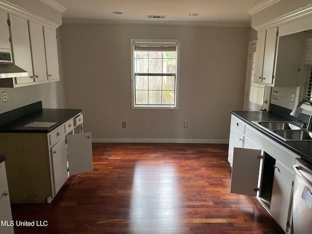 kitchen with extractor fan, dark wood-type flooring, ornamental molding, sink, and white cabinets