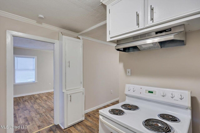 kitchen featuring ornamental molding, white electric range oven, dark hardwood / wood-style flooring, and white cabinets